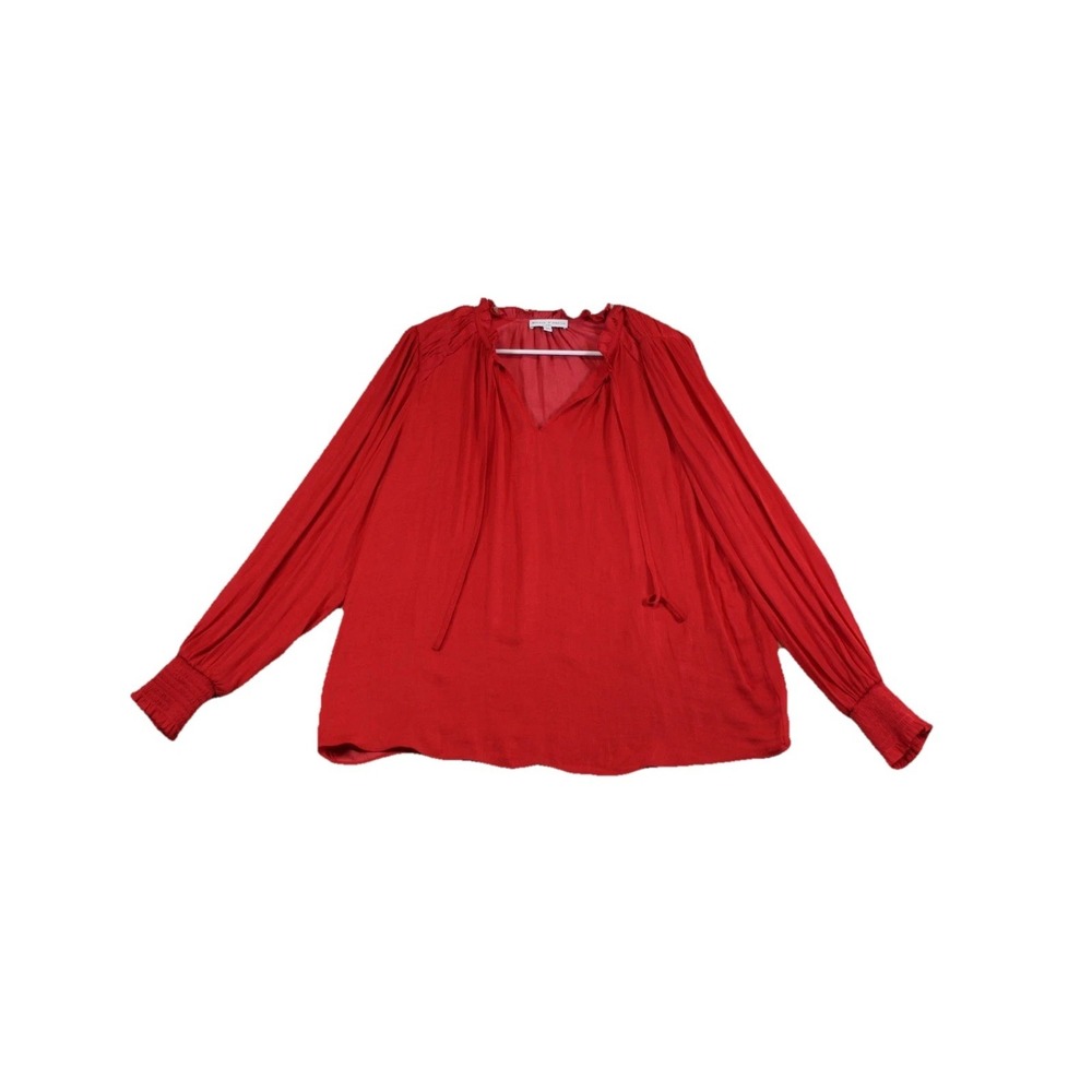 Maison d'Amélie‎ Blouse Top Womens Large Red Smocked Tie Neck Long Sleeve Summer